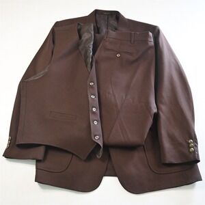 Vtg USA Made 46R 38x32 Brown Gold Button 3 Piece Vest Mens Jacket Pants Suit